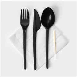 Набор одноразовых приборов «Премиум», 5 предметов: вилка, ложка, нож, зубочистка, салфетка, 16,5 см, цвет чёрный