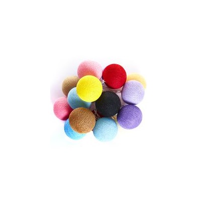 Тайская гирлянда с разноцветными шариками(Большие ) пастельных тонов из хлопковых нитей (розовый, сиреневый, коричневый, черный, желтый, красный) 20 шариков/ Lightening balls multicolor pastel with black, brown, yellow, pink, violet, blue, red