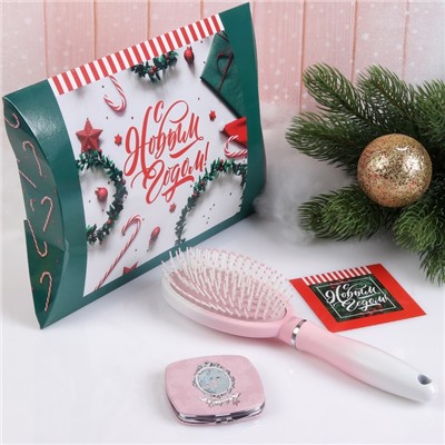 Подарочный набор «Новый год - Омбре», 3 предмета: зеркало, массажная расчёска, открытка, цвет МИКС