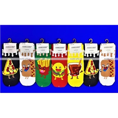 3 ПАРЫ - AMIGOBS укороченные цветные носки с принтом "Еда" арт. 1116 - 3 ПАРЫ