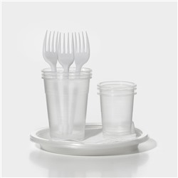 Набор одноразовой посуды на 3 персоны, стакан 200 мл, стопка 100 мл, вилки, тарелки плоские d=16,5 см, бумажные салфетки