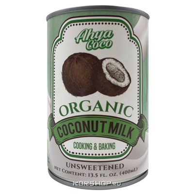 Органическое кокосовое молоко 17-19% жирности Ahya, Филиппины, 400 мл