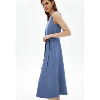 Трикотажное платье с поясом, цвет светло-синий