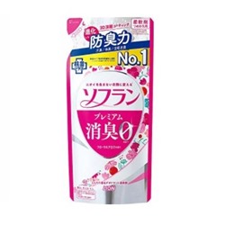 Кондиционер для белья "SOFLAN" (с длительной 3D-защитой от неприятного запаха "Premium Deodorizer Zero-Ø" - натуральный аромат роз) 420 мл, мягкая упаковка