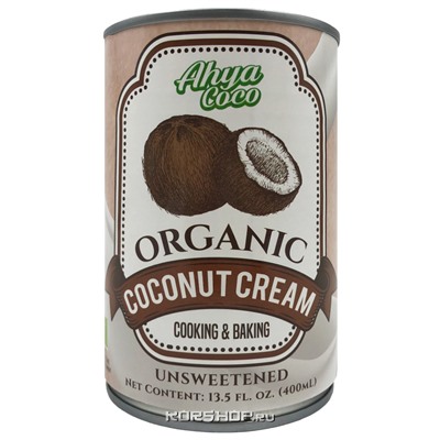 Органические кокосовые сливки 20-22% жирности Ahya, Филиппины, 400 мл
