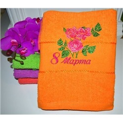 Махровое полотенце "8 Марта-Розы"-апельсин 70*140 см. хлопок 100%